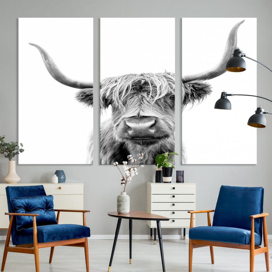 Highland Cow Canvas Wall Art Farmhouse Decor Cow Black White Print Rustic Wall Decor Animals Painting Scottish Cow Wall