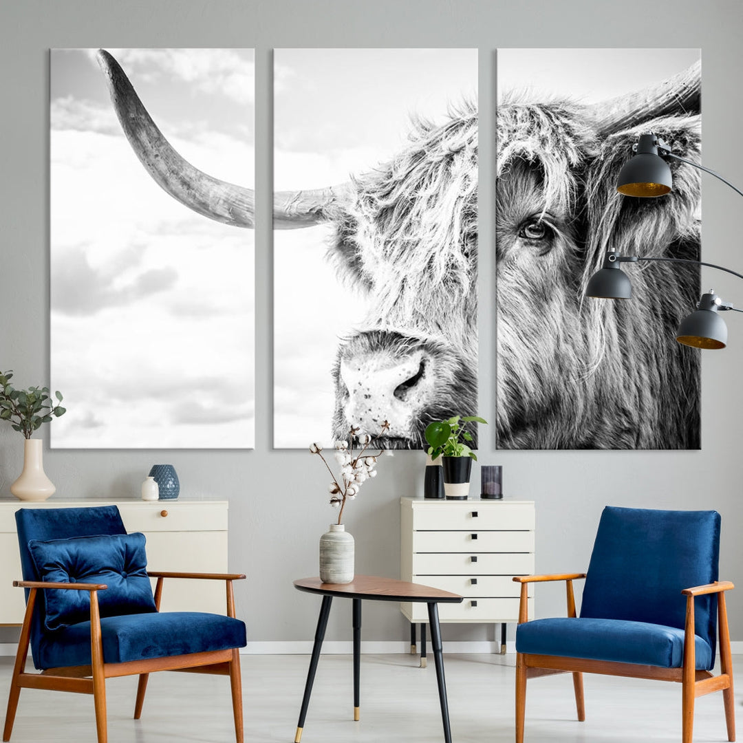 Highland Cow Canvas Wall Art Farmhouse Decor Cow Black White Print Rustic Wall Decor Animals Painting Scottish Cow Wall