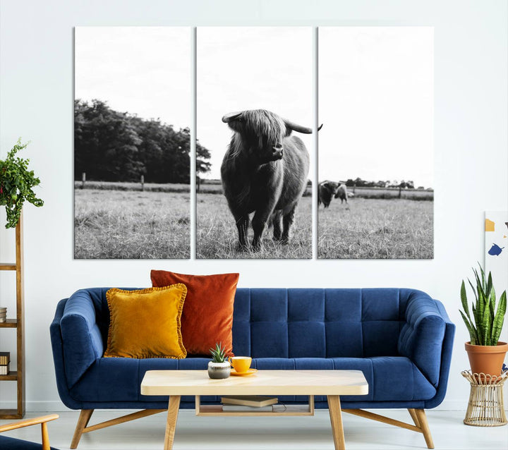 Highland Cow Canvas Wall Art Print - Black and White Scottish Highland Cow Photography Canvas Print, Farmhouse Decor for Living Room or Office