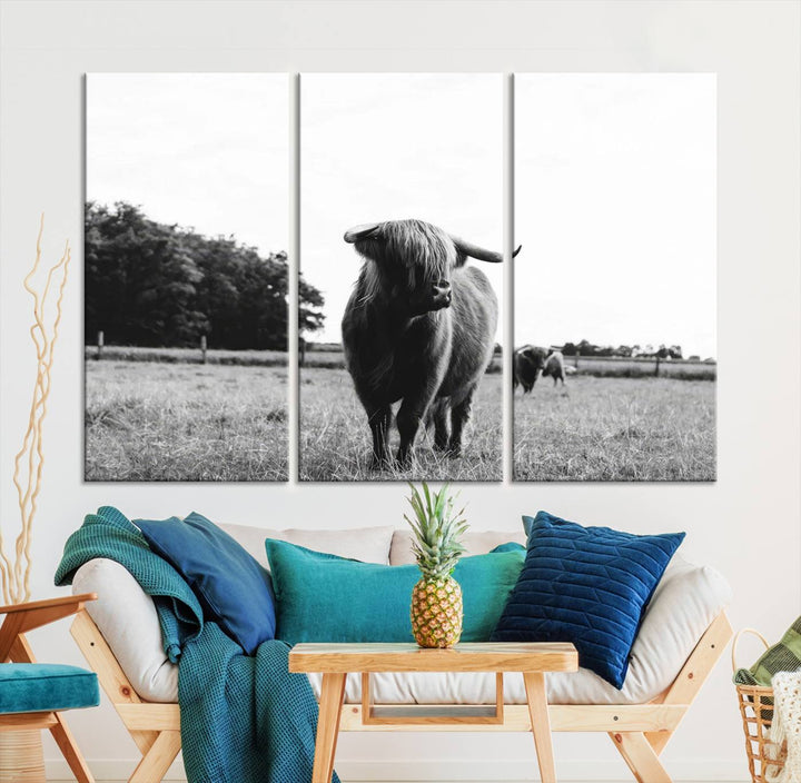 Highland Cow Canvas Wall Art Print - Black and White Scottish Highland Cow Photography Canvas Print, Farmhouse Decor for Living Room or Office