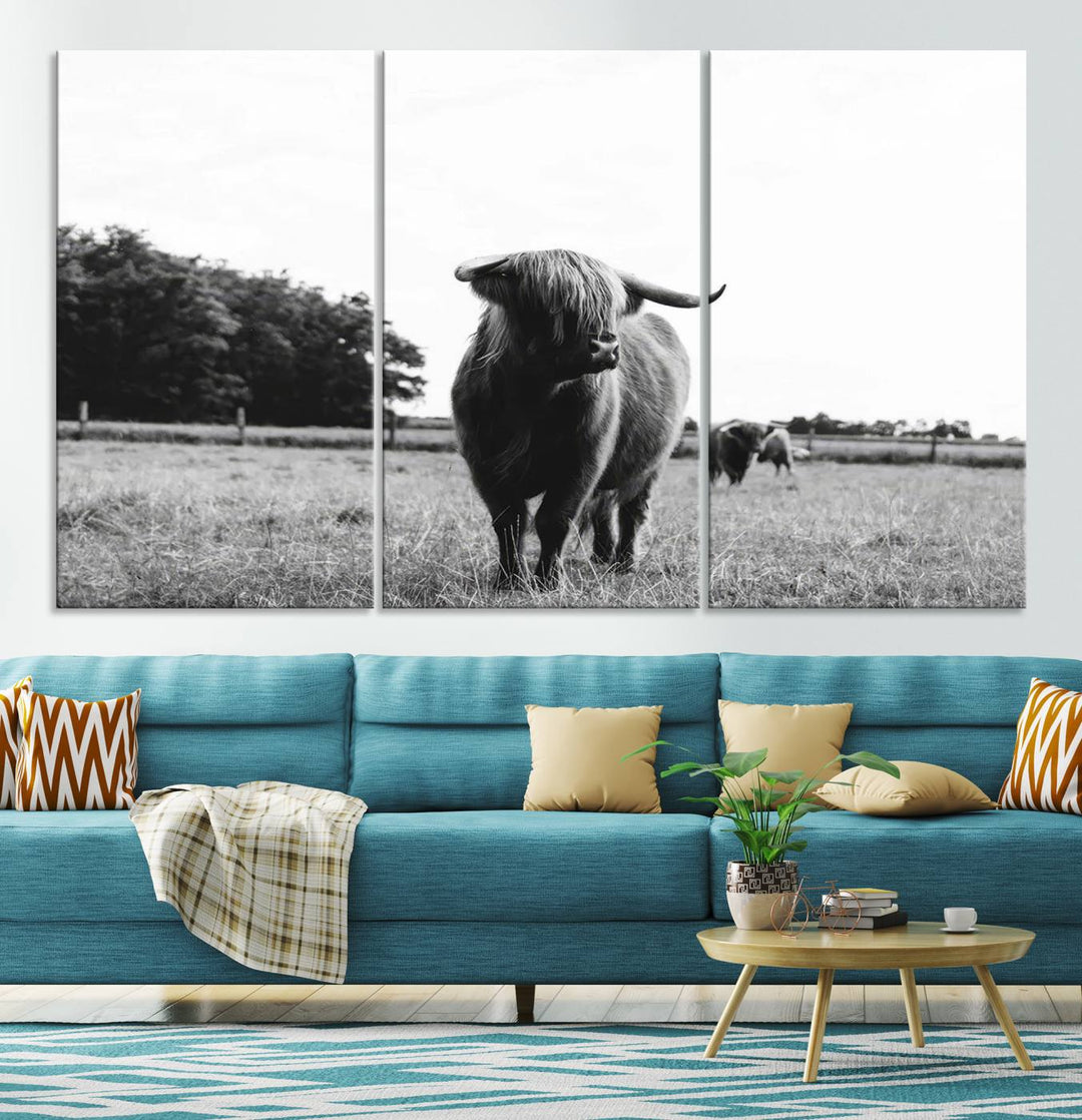 Highland Cow Canvas Wall Art Print - Black and White Scottish Highland Cow Photography Canvas Print, Farmhouse Decor for Living Room or Office