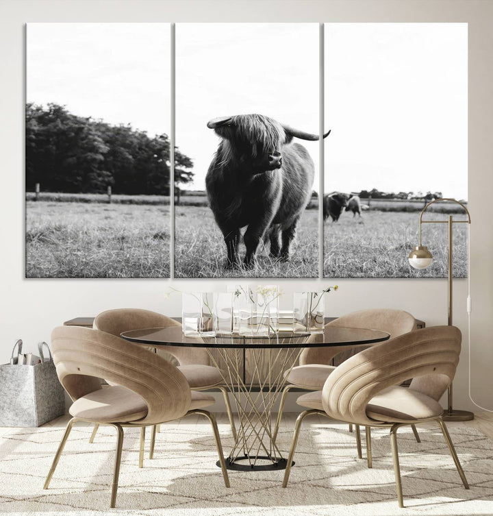 Highland Cow Canvas Wall Art Print - Black and White Scottish Highland Cow Photography Canvas Print, Farmhouse Decor for Living Room or Office