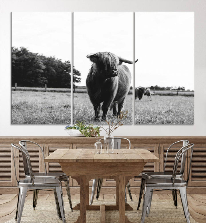 Highland Cow Canvas Wall Art Print - Black and White Scottish Highland Cow Photography Canvas Print, Farmhouse Decor for Living Room or Office