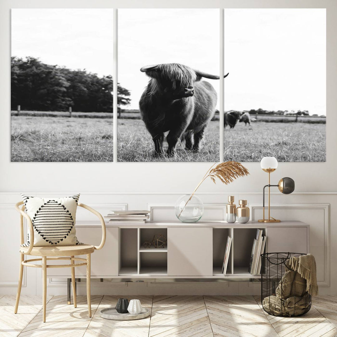 Highland Cow Canvas Wall Art Print - Black and White Scottish Highland Cow Photography Canvas Print, Farmhouse Decor for Living Room or Office