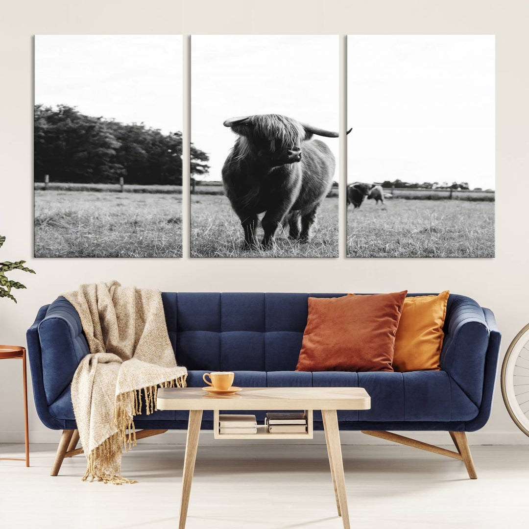 Highland Cow Canvas Wall Art Print - Black and White Scottish Highland Cow Photography Canvas Print, Farmhouse Decor for Living Room or Office