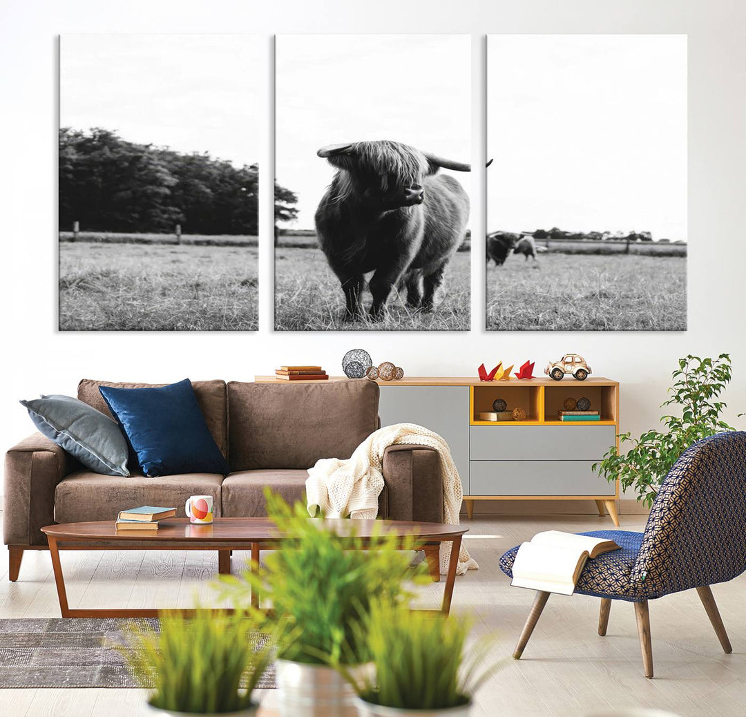 Highland Cow Canvas Wall Art Print - Black and White Scottish Highland Cow Photography Canvas Print, Farmhouse Decor for Living Room or Office