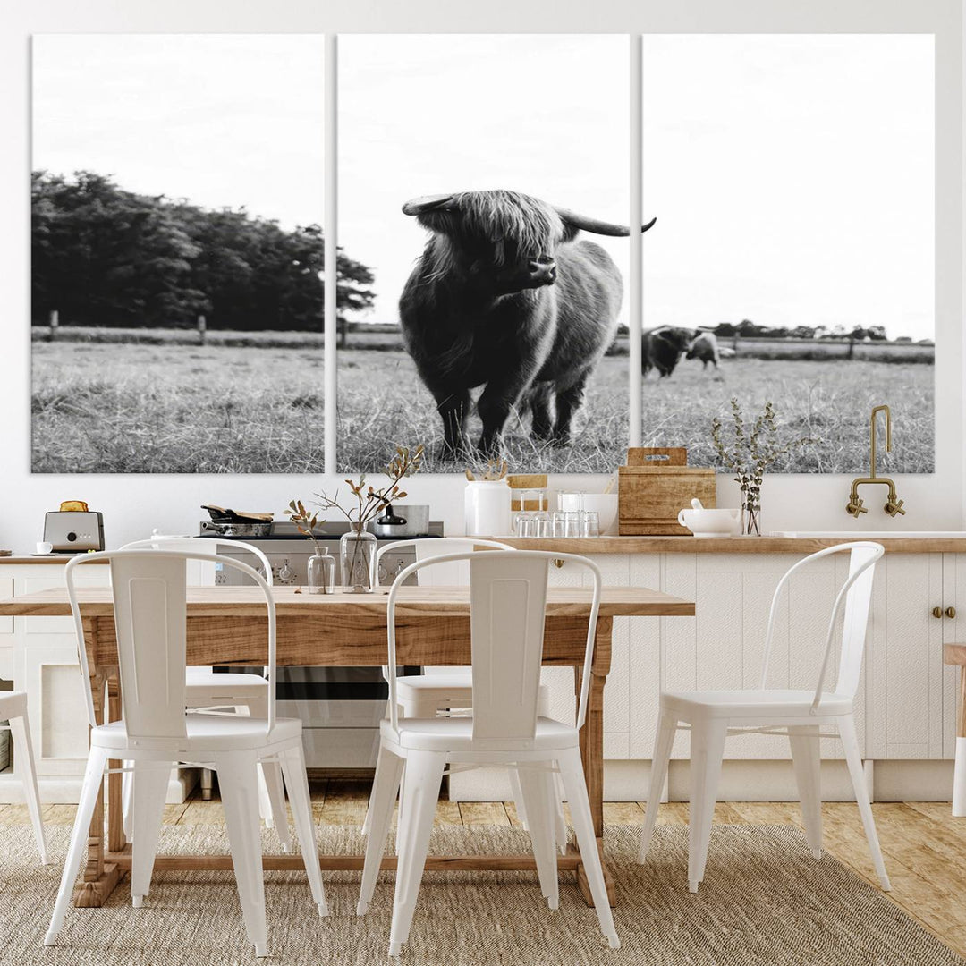 Highland Cow Canvas Wall Art Print - Black and White Scottish Highland Cow Photography Canvas Print, Farmhouse Decor for Living Room or Office