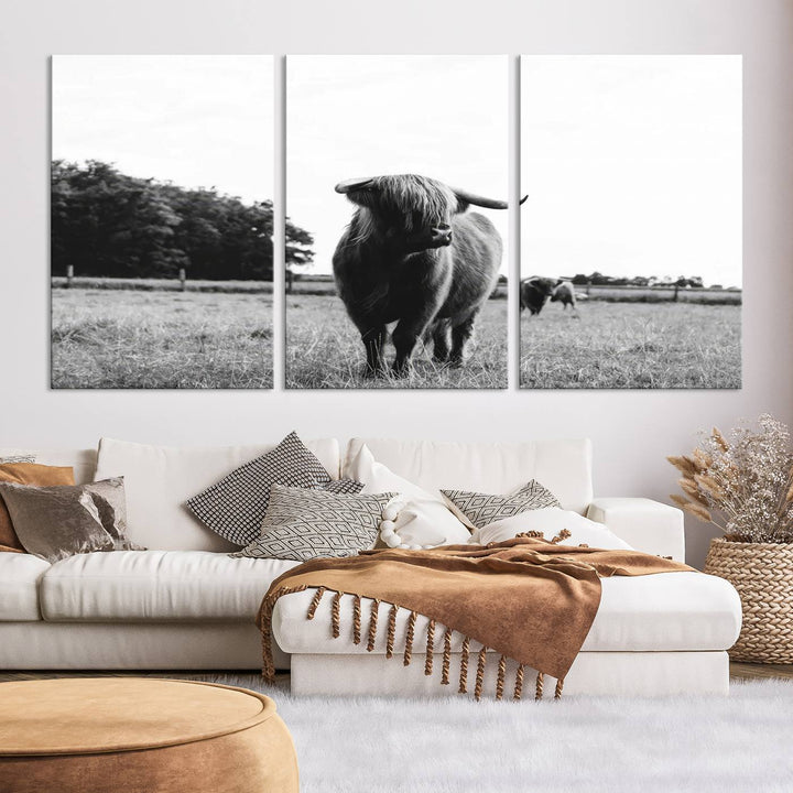 Highland Cow Canvas Wall Art Print - Black and White Scottish Highland Cow Photography Canvas Print, Farmhouse Decor for Living Room or Office