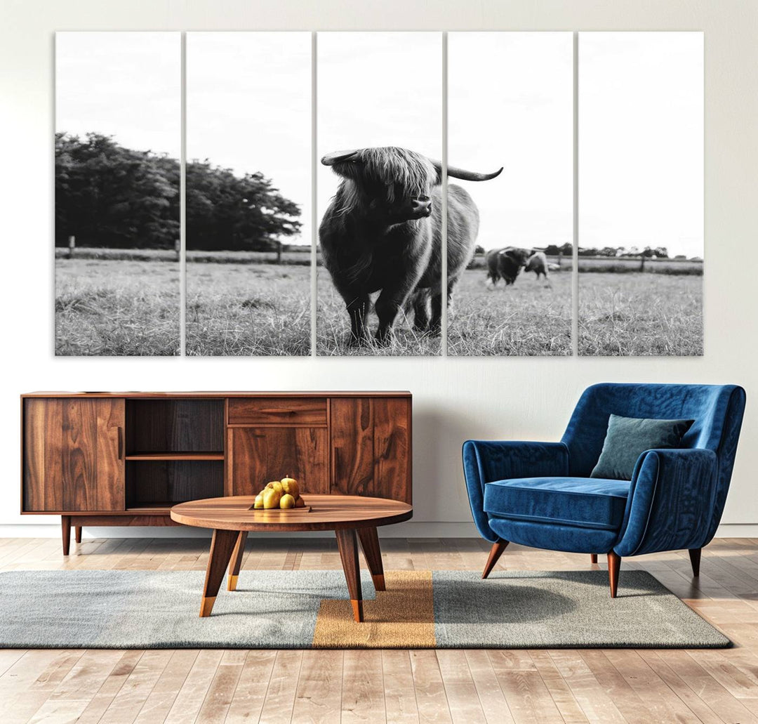 Highland Cow Canvas Wall Art Print - Black and White Scottish Highland Cow Photography Canvas Print, Farmhouse Decor for Living Room or Office