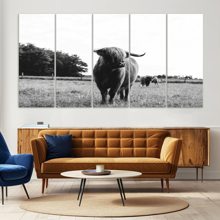 Highland Cow Canvas Wall Art Print - Black and White Scottish Highland Cow Photography Canvas Print, Farmhouse Decor for Living Room or Office