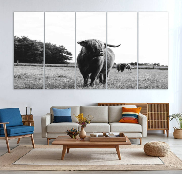 Highland Cow Canvas Wall Art Print - Black and White Scottish Highland Cow Photography Canvas Print, Farmhouse Decor for Living Room or Office