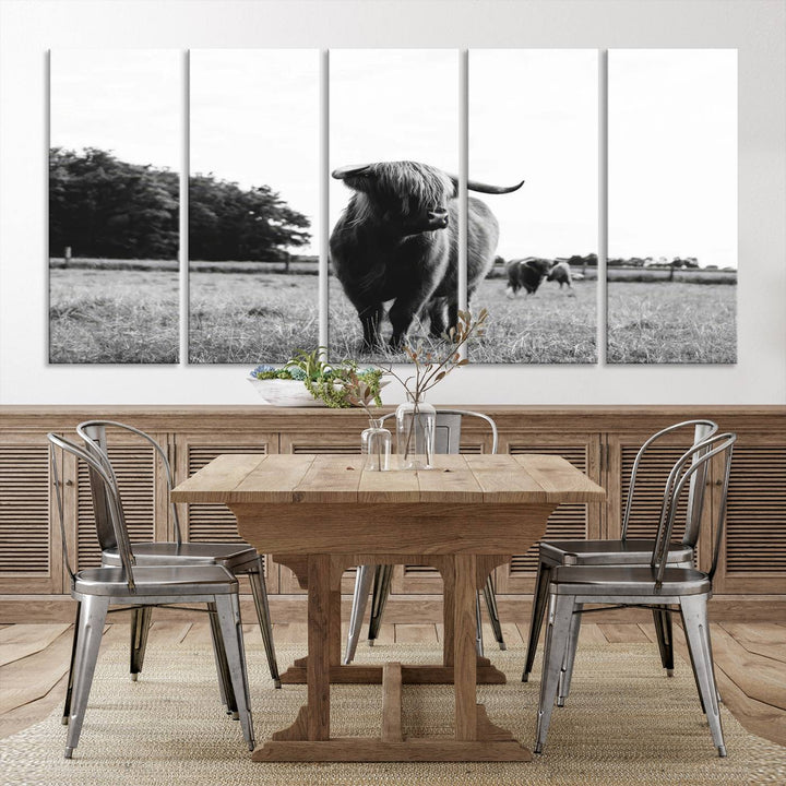 Highland Cow Canvas Wall Art Print - Black and White Scottish Highland Cow Photography Canvas Print, Farmhouse Decor for Living Room or Office