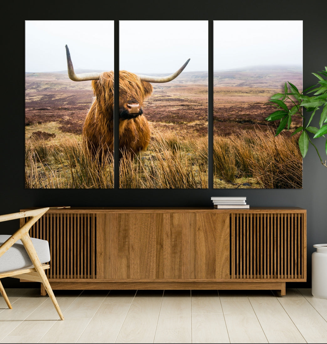 Highland Cow Canvas Wall Art Print Mountain Landscape Animal Artwork for Living Room