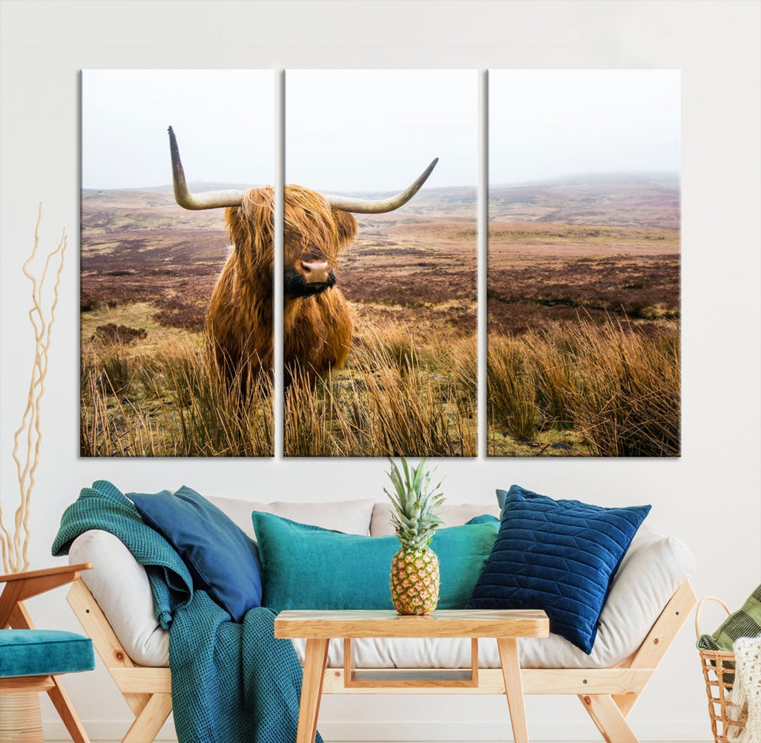 Highland Cow Canvas Wall Art Print Mountain Landscape Animal Artwork for Living Room