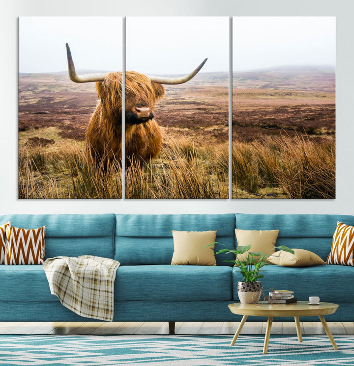 Highland Cow Canvas Wall Art Print Mountain Landscape Animal Artwork for Living Room