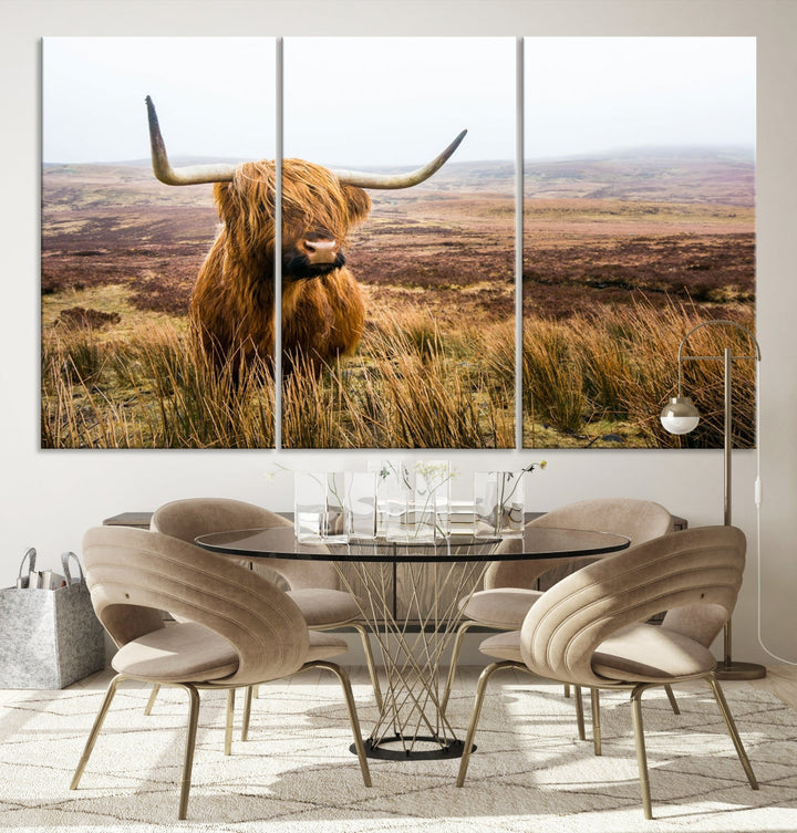 Highland Cow Canvas Wall Art Print Mountain Landscape Animal Artwork for Living Room