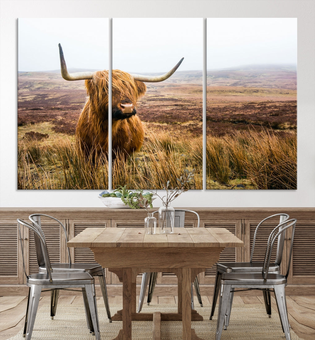 Highland Cow Canvas Wall Art Print Mountain Landscape Animal Artwork for Living Room