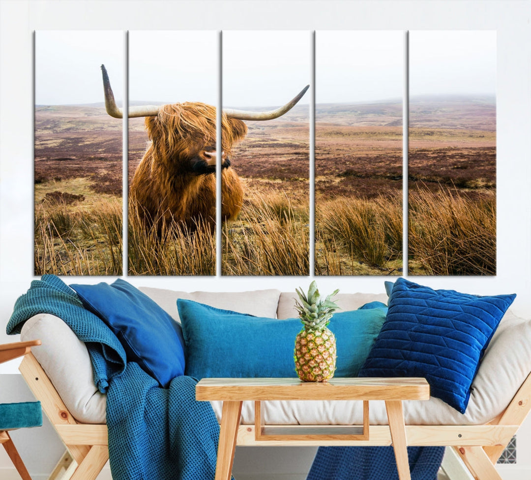 Highland Cow Canvas Wall Art Print Mountain Landscape Animal Artwork for Living Room