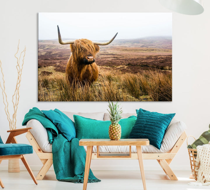 Highland Cow Canvas Wall Art Print Mountain Landscape Animal Artwork for Living Room