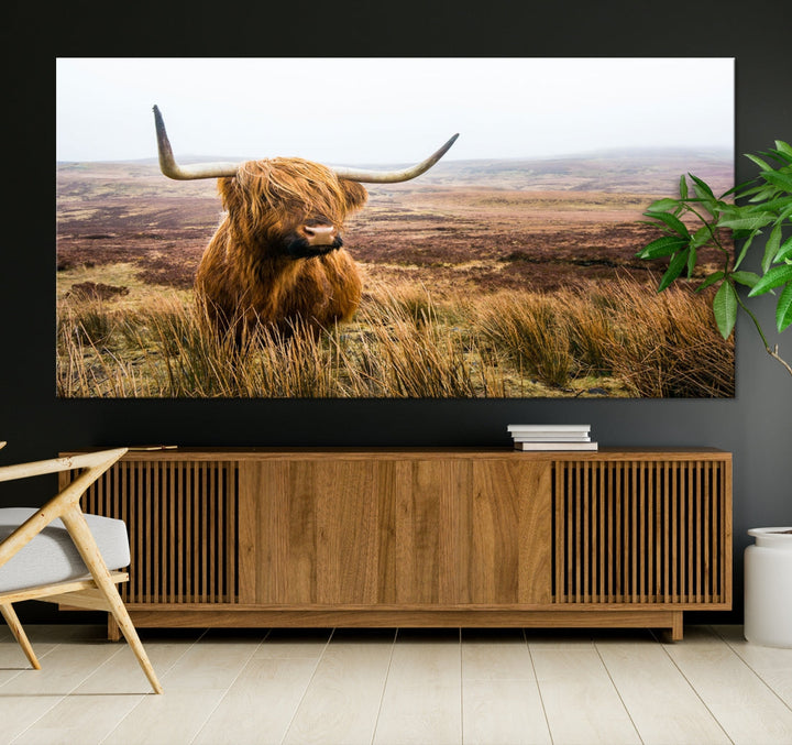 Highland Cow Canvas Wall Art Print Mountain Landscape Animal Artwork for Living Room