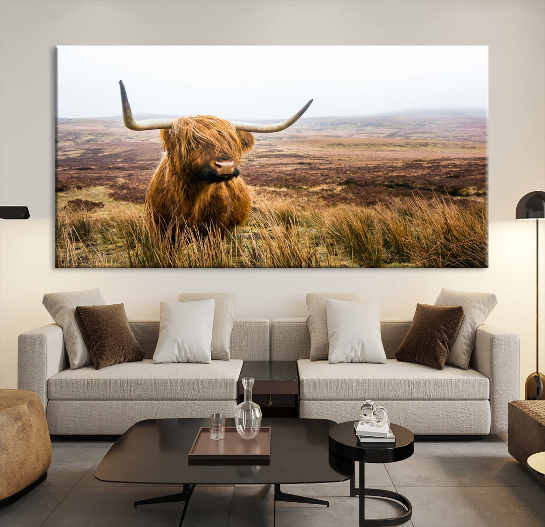 Highland Cow Canvas Wall Art Print Mountain Landscape Animal Artwork for Living Room