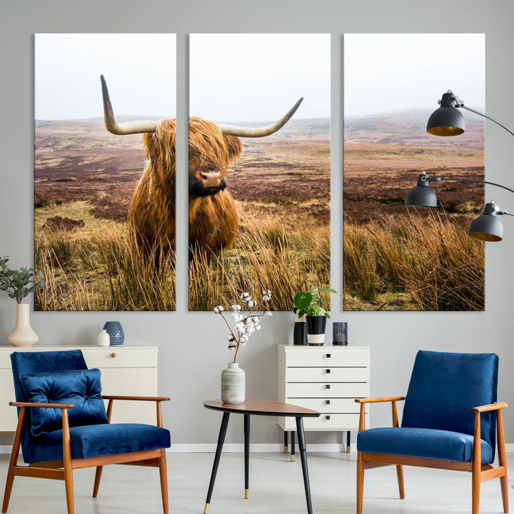 Highland Cow Canvas Wall Art Print Mountain Landscape Animal Artwork for Living Room