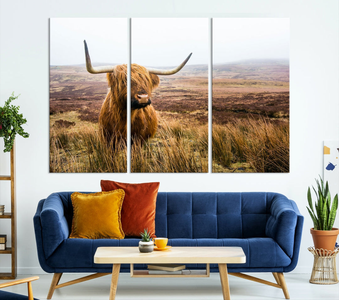 Highland Cow Canvas Wall Art Print Mountain Landscape Animal Artwork for Living Room