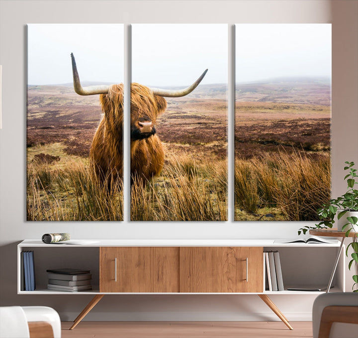 Highland Cow Canvas Wall Art Print Mountain Landscape Animal Artwork for Living Room