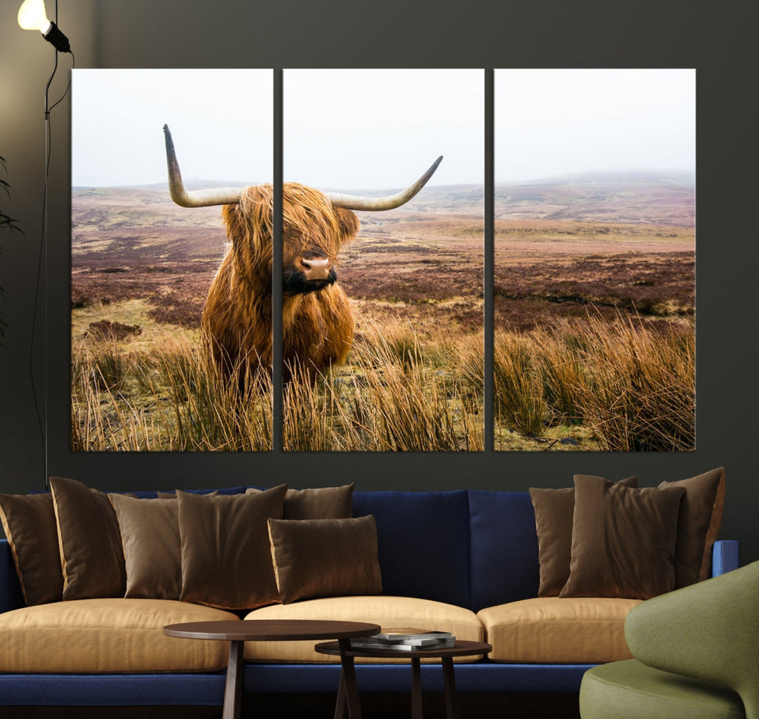 Highland Cow Canvas Wall Art Print Mountain Landscape Animal Artwork for Living Room