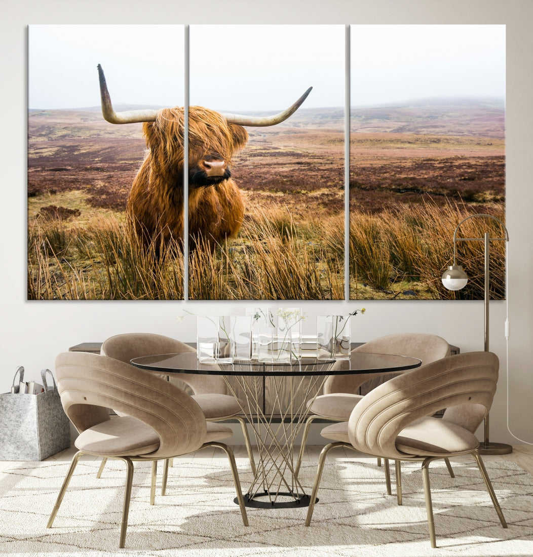 Highland Cow Canvas Wall Art Print Mountain Landscape Animal Canvas Art Home Office Decor Artwork for Living Room Framed and Stretched Ready to Hang Split Art Large Canvas Picture