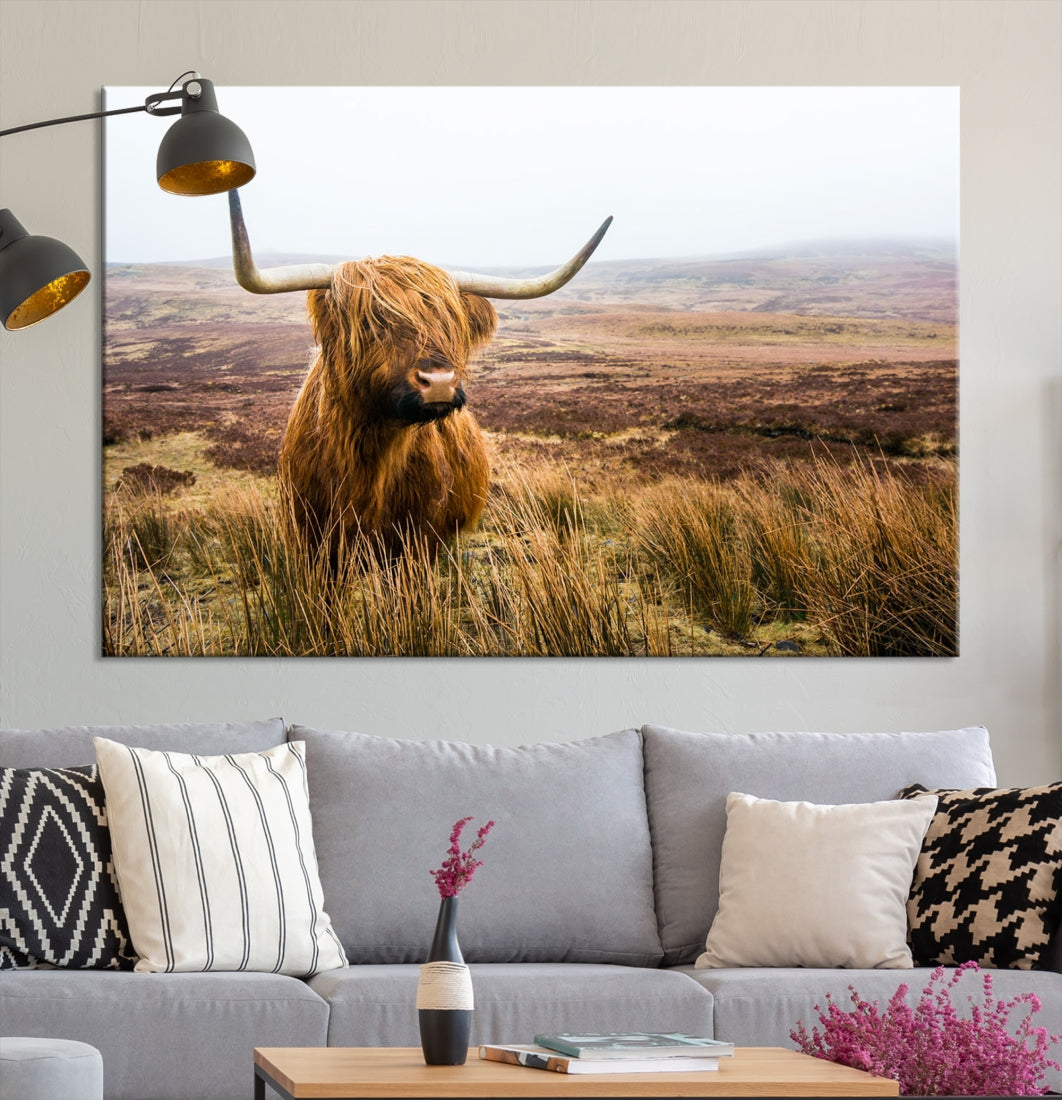 Highland Cow Canvas Wall Art Print Mountain Landscape Animal Canvas Art Home Office Decor Artwork for Living Room Framed and Stretched Ready to Hang Split Art Large Canvas Picture