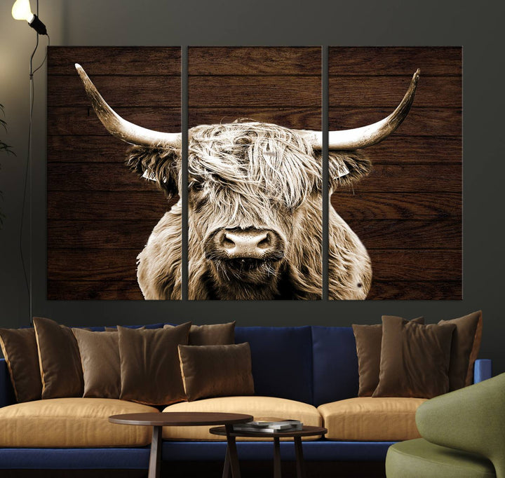 Highland Cow Canvas Wall Art Print - Rustic Scottish Highland Cow with Wooden Texture Background, Perfect for Living Room, Bedroom, or Office Decor