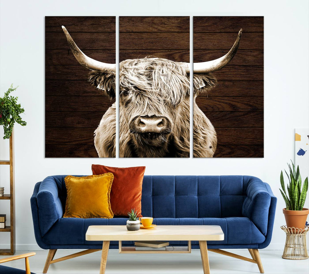 Highland Cow Canvas Wall Art Print - Rustic Scottish Highland Cow with Wooden Texture Background, Perfect for Living Room, Bedroom, or Office Decor