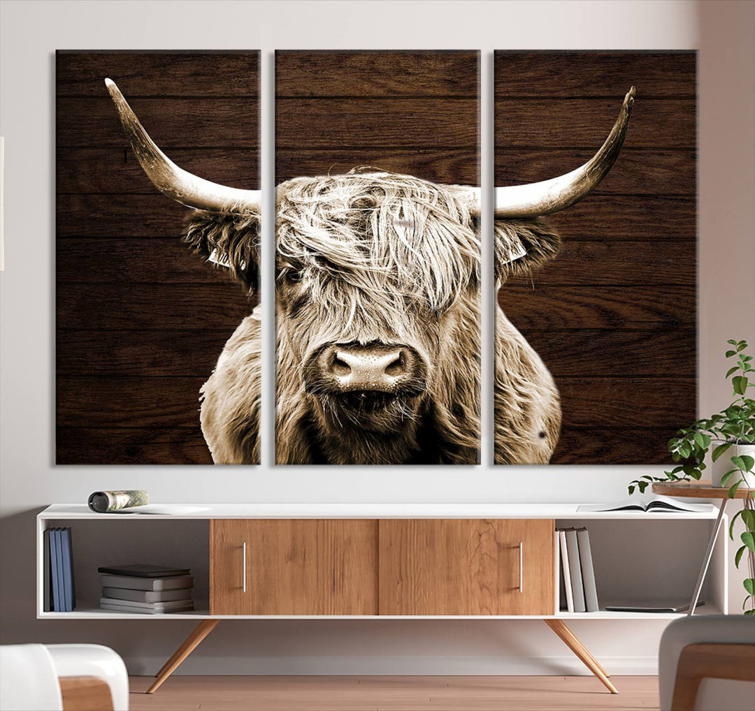 Highland Cow Canvas Wall Art Print - Rustic Scottish Highland Cow with Wooden Texture Background, Perfect for Living Room, Bedroom, or Office Decor