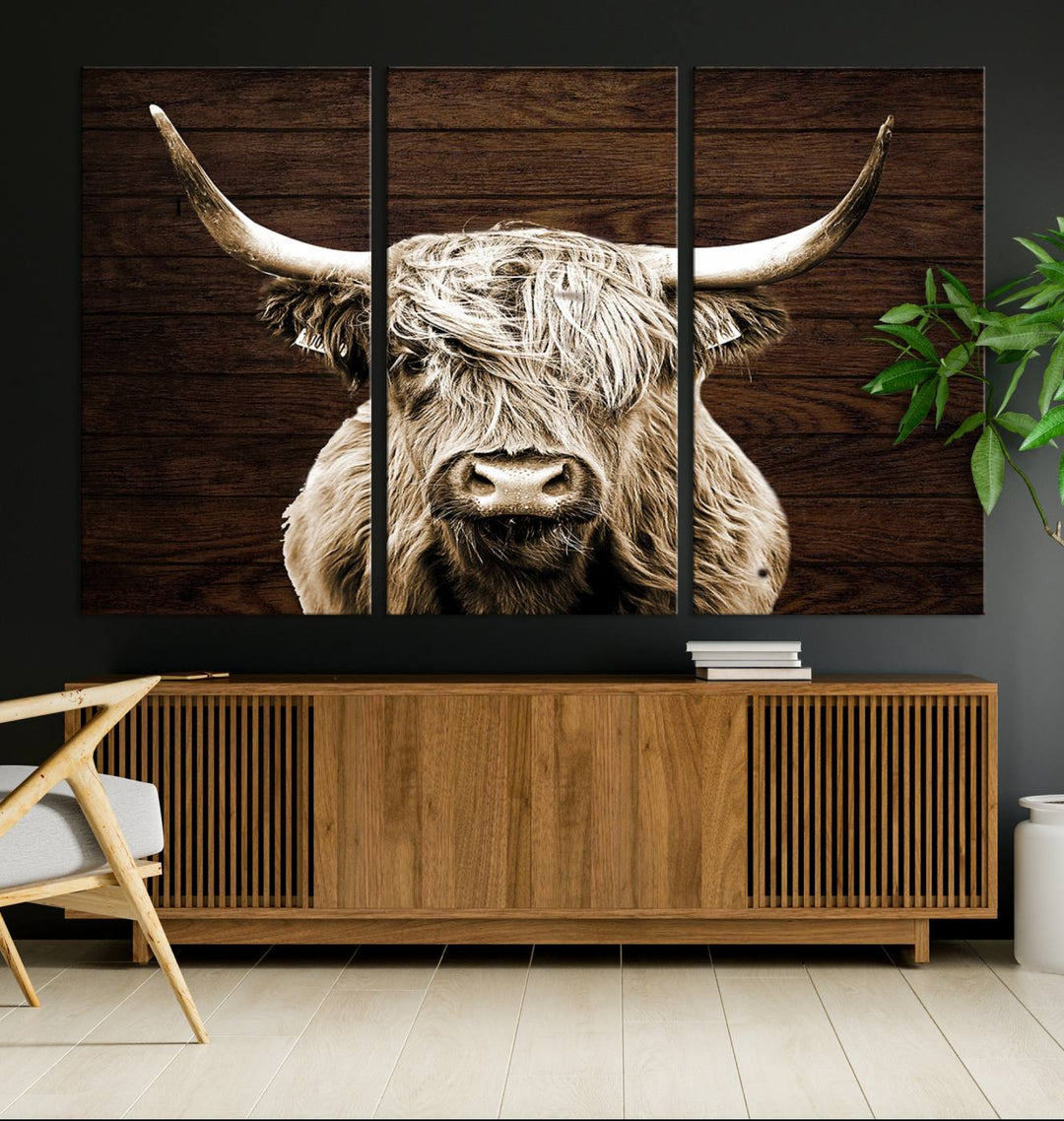 Highland Cow Canvas Wall Art Print - Rustic Scottish Highland Cow with Wooden Texture Background, Perfect for Living Room, Bedroom, or Office Decor