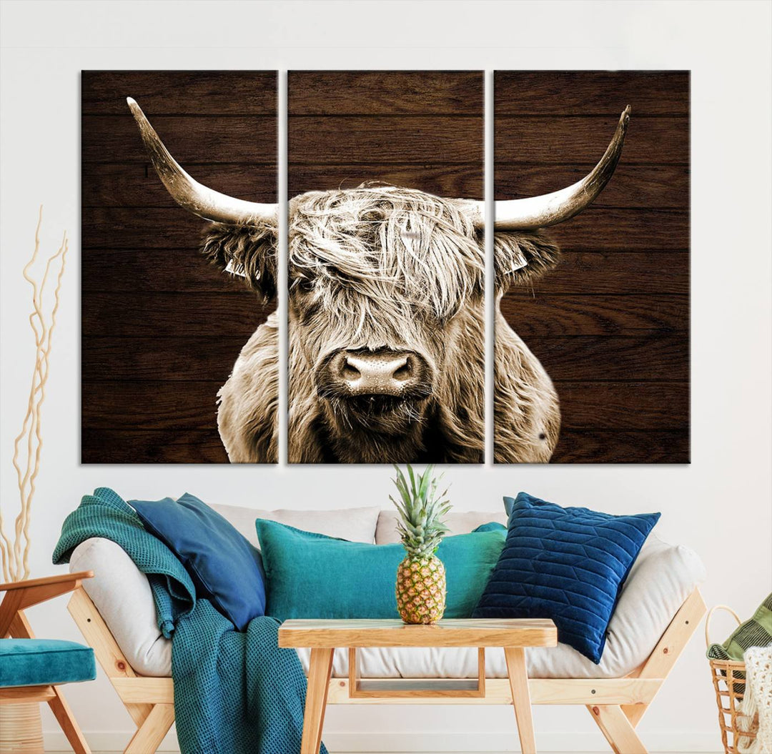 Highland Cow Canvas Wall Art Print - Rustic Scottish Highland Cow with Wooden Texture Background, Perfect for Living Room, Bedroom, or Office Decor