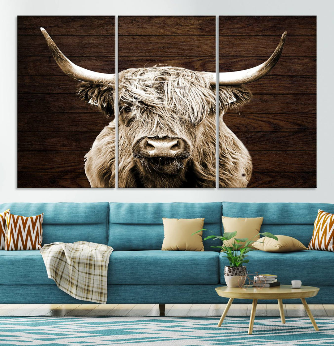 Highland Cow Canvas Wall Art Print - Rustic Scottish Highland Cow with Wooden Texture Background, Perfect for Living Room, Bedroom, or Office Decor