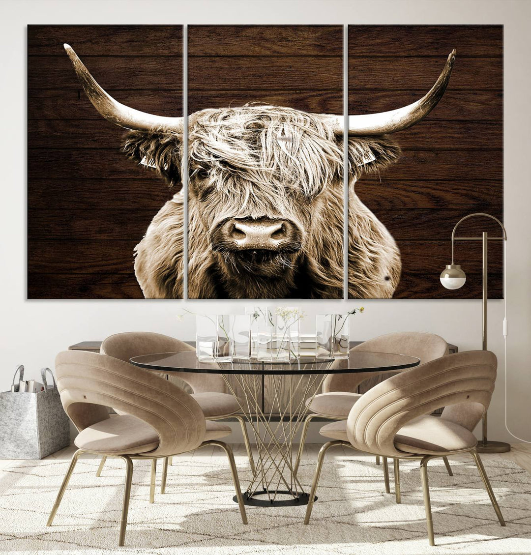 Highland Cow Canvas Wall Art Print - Rustic Scottish Highland Cow with Wooden Texture Background, Perfect for Living Room, Bedroom, or Office Decor