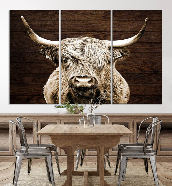 Highland Cow Canvas Wall Art Print - Rustic Scottish Highland Cow with Wooden Texture Background, Perfect for Living Room, Bedroom, or Office Decor