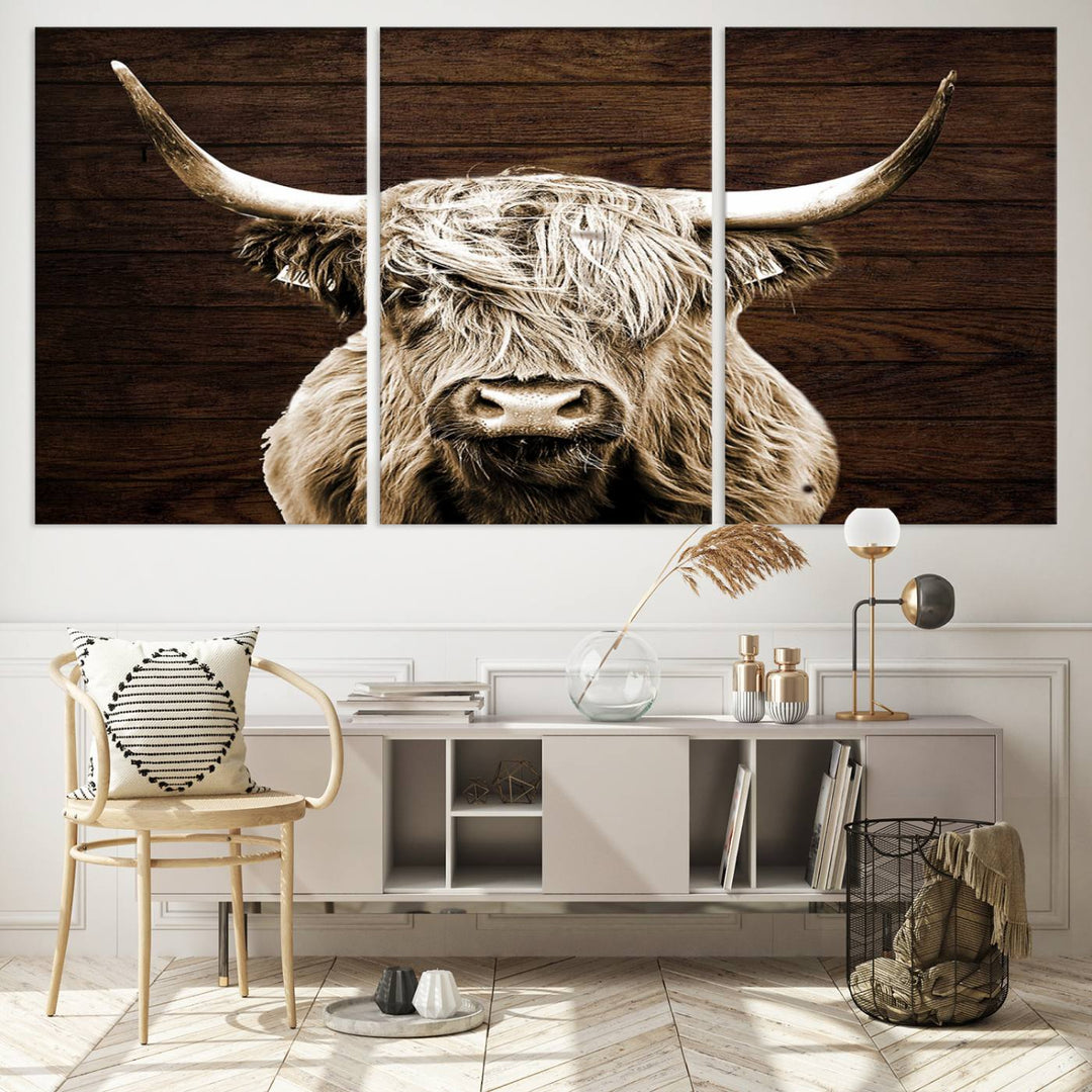 Highland Cow Canvas Wall Art Print - Rustic Scottish Highland Cow with Wooden Texture Background, Perfect for Living Room, Bedroom, or Office Decor