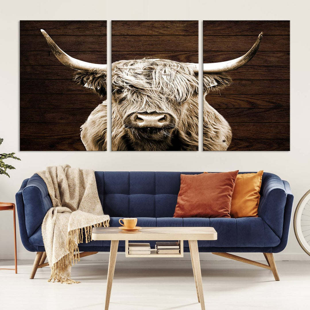 Highland Cow Canvas Wall Art Print - Rustic Scottish Highland Cow with Wooden Texture Background, Perfect for Living Room, Bedroom, or Office Decor