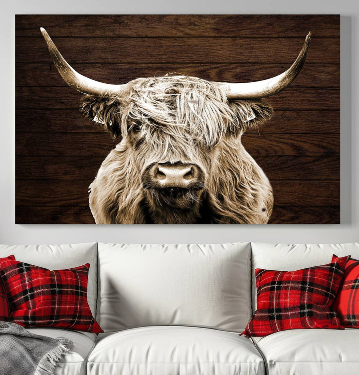 Highland Cow Canvas Wall Art Print - Rustic Scottish Highland Cow with Wooden Texture Background, Perfect for Living Room, Bedroom, or Office Decor