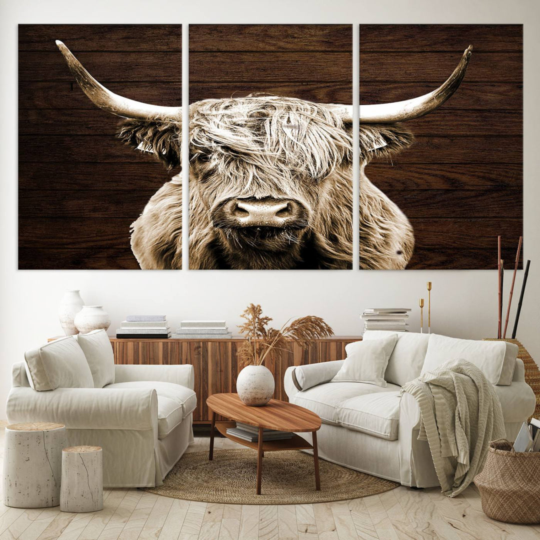 Highland Cow Canvas Wall Art Print - Rustic Scottish Highland Cow with Wooden Texture Background, Perfect for Living Room, Bedroom, or Office Decor