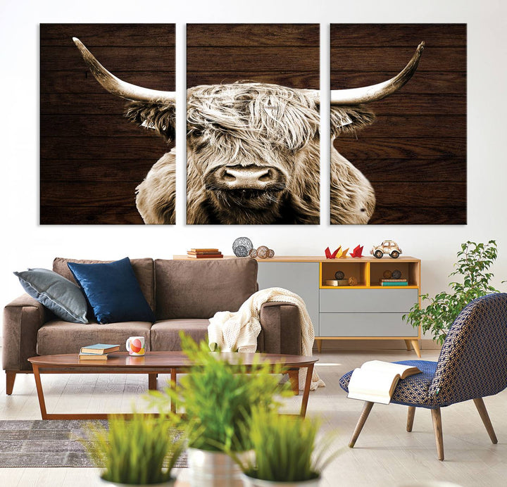 Highland Cow Canvas Wall Art Print - Rustic Scottish Highland Cow with Wooden Texture Background, Perfect for Living Room, Bedroom, or Office Decor