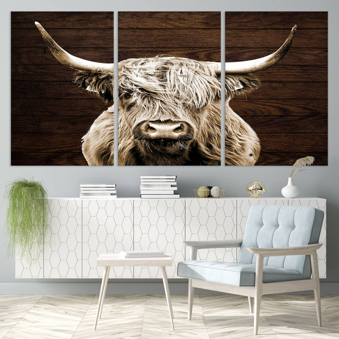 Highland Cow Canvas Wall Art Print - Rustic Scottish Highland Cow with Wooden Texture Background, Perfect for Living Room, Bedroom, or Office Decor