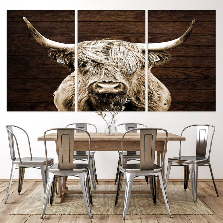 Highland Cow Canvas Wall Art Print - Rustic Scottish Highland Cow with Wooden Texture Background, Perfect for Living Room, Bedroom, or Office Decor