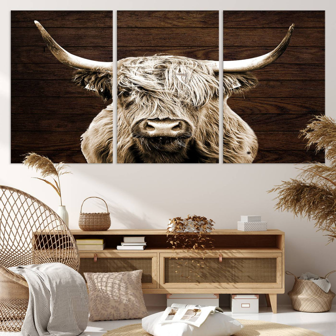 Highland Cow Canvas Wall Art Print - Rustic Scottish Highland Cow with Wooden Texture Background, Perfect for Living Room, Bedroom, or Office Decor