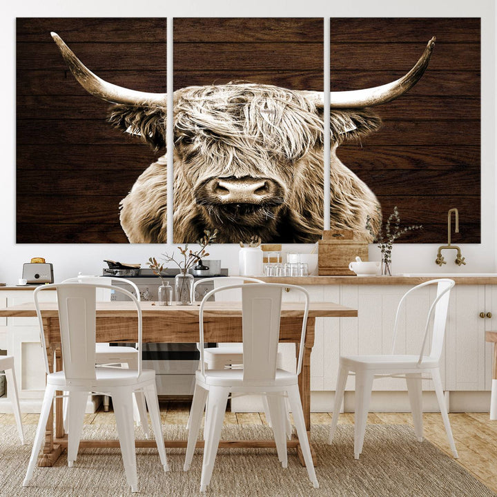 Highland Cow Canvas Wall Art Print - Rustic Scottish Highland Cow with Wooden Texture Background, Perfect for Living Room, Bedroom, or Office Decor