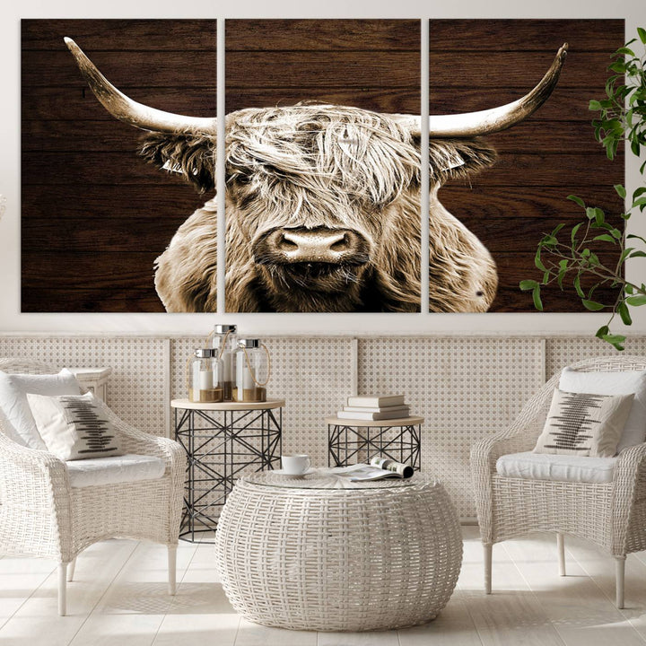 Highland Cow Canvas Wall Art Print - Rustic Scottish Highland Cow with Wooden Texture Background, Perfect for Living Room, Bedroom, or Office Decor