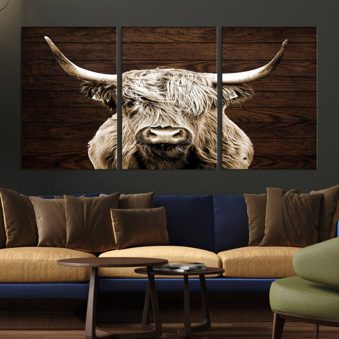 Highland Cow Canvas Wall Art Print - Rustic Scottish Highland Cow with Wooden Texture Background, Perfect for Living Room, Bedroom, or Office Decor